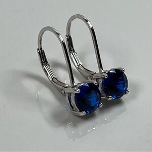 925 Solid Sterling Silver Rhodium Plated Blue CZ Lever Back Earrings